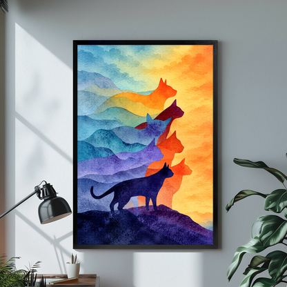 Black framed canvas depicting layered colorful watercolor cat silhouettes on a bright desk with a lamp.