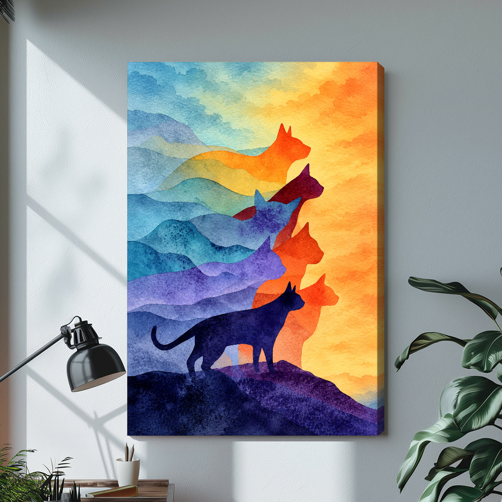 Stretched canvas depicting layered colorful watercolor cat silhouettes displayed on a bright desk with a lamp.