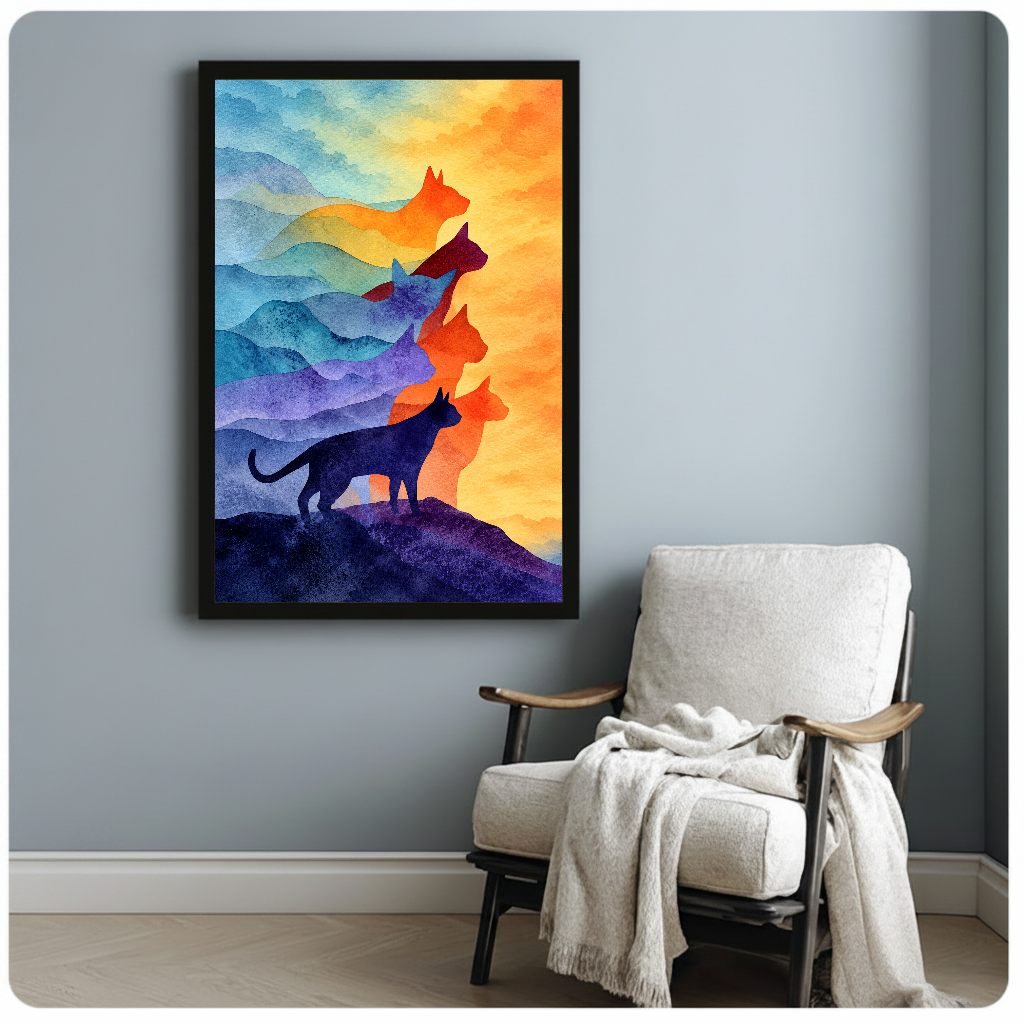 Framed artwork of layered colorful watercolor cat silhouettes beside a pale reading chair against a gray wall.