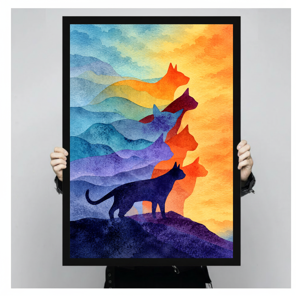 Framed artwork of layered colorful watercolor cat silhouettes held by a person against a pale backdrop.