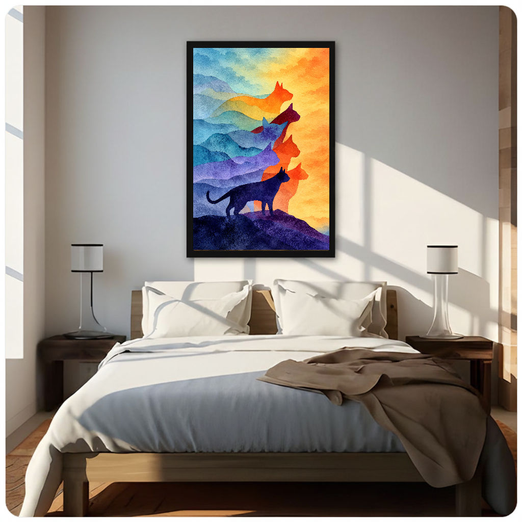 Framed artwork of layered colorful watercolor cat silhouettes above a neutral bed between two bedside lamps.