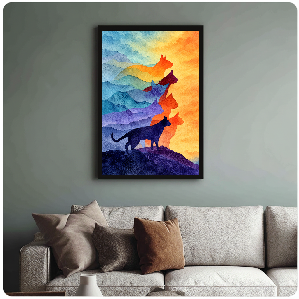 Framed artwork of layered colorful watercolor cat silhouettes above a sofa with muted cushions.