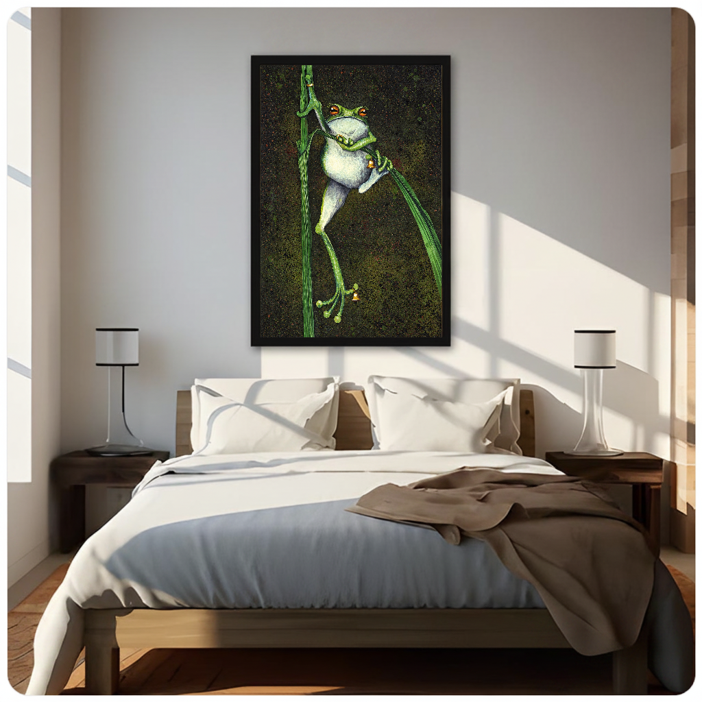 Framed artwork of a frog holding bells among reeds above a neutral bed between two bedside lamps.