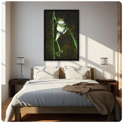 Framed artwork of a frog holding bells among reeds above a neutral bed between two bedside lamps.