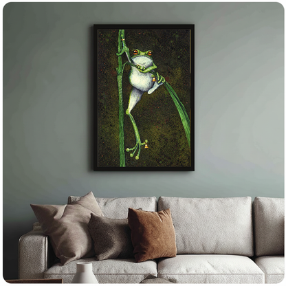 Framed artwork of a frog holding bells among reeds above a sofa with muted cushions.