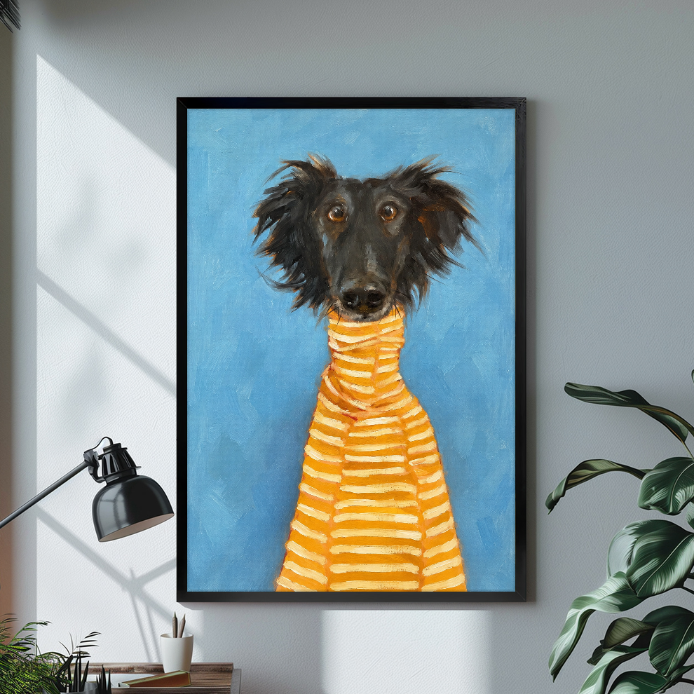 Black framed canvas depicting a black dog in a striped sweater on a bright desk with a lamp.