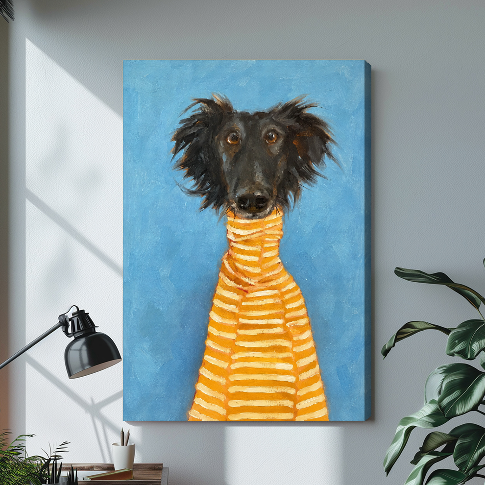 Stretched canvas depicting a black dog in a striped sweater displayed on a bright desk with a lamp.