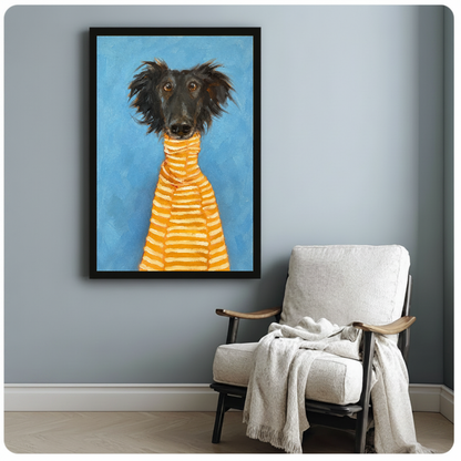 Framed artwork of a black dog in a striped sweater beside a pale reading chair against a gray wall.