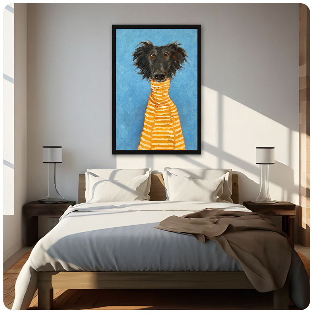 Framed artwork of a black dog in a striped sweater above a neutral bed between two bedside lamps.