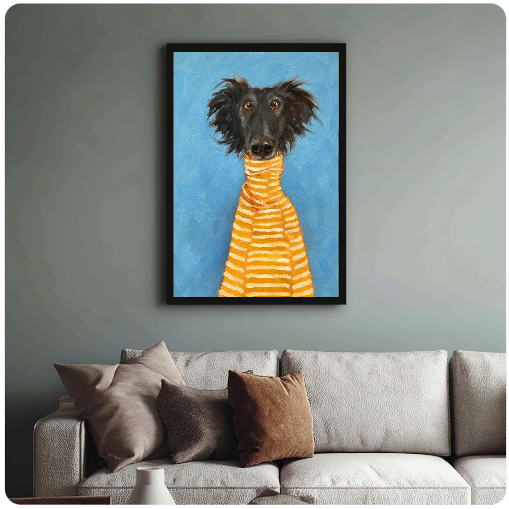 Framed artwork of a black dog in a striped sweater above a sofa with muted cushions.
