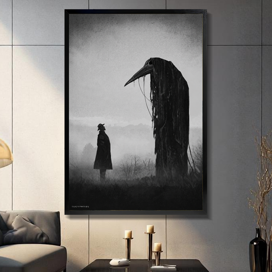 Black framed gothic raven encounter canvas above a console beside a sofa in a paneled room.