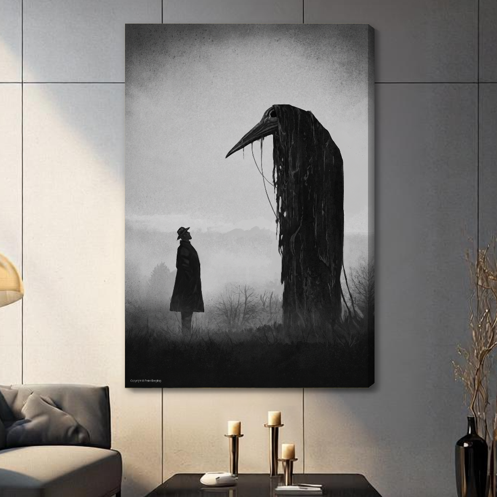 Stretched gothic raven encounter canvas in a paneled living room with a shaded wrapped edge.
