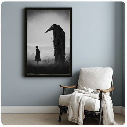 Framed gothic raven encounter artwork beside a pale reading chair against a blue-gray wall.