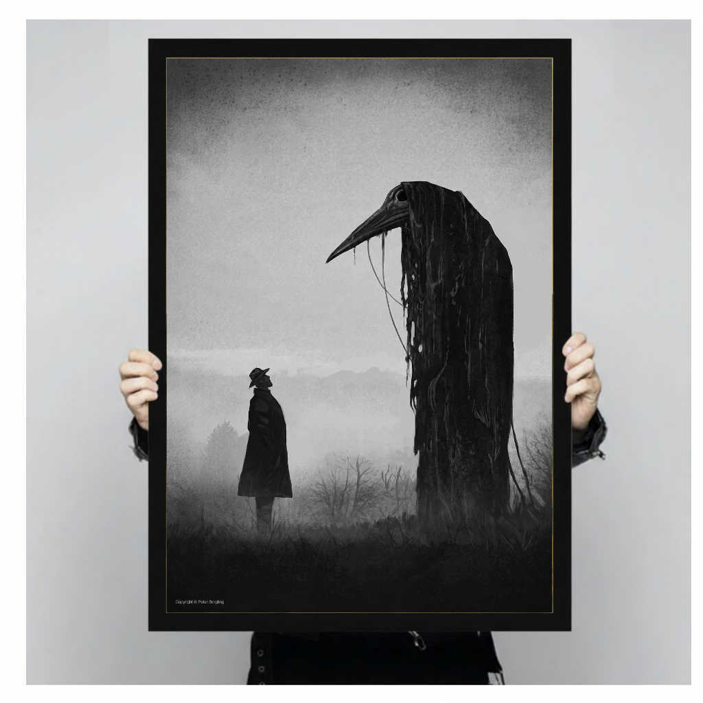 Person holding black framed gothic raven encounter artwork against a plain pale background.