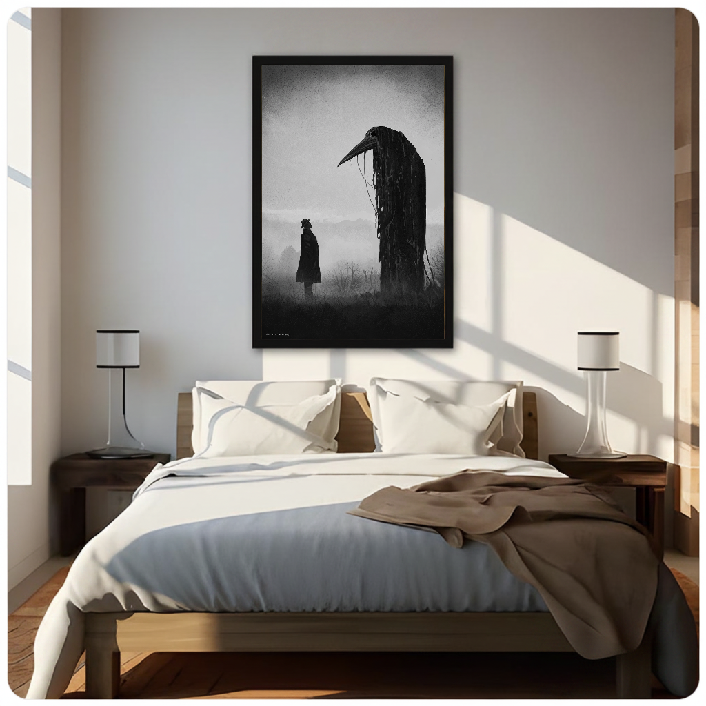 Gothic raven encounter canvas above a neutral bed with lamps and soft window light.