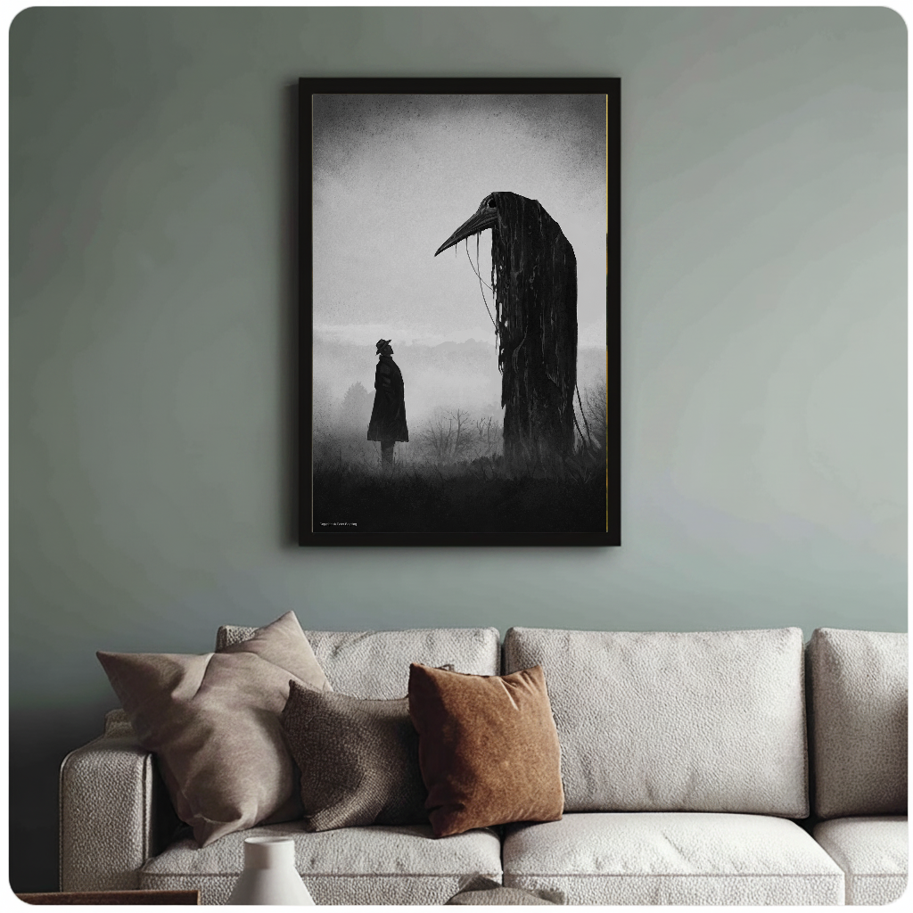 Framed gothic raven encounter painting above a sofa with muted cushions against a green-gray wall.