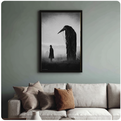 Framed gothic raven encounter painting above a sofa with muted cushions against a green-gray wall.