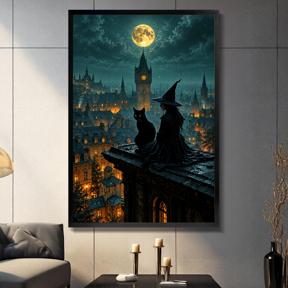 Black framed canvas depicting a witch and black cat beneath moonlight on a gray paneled wall with candles.