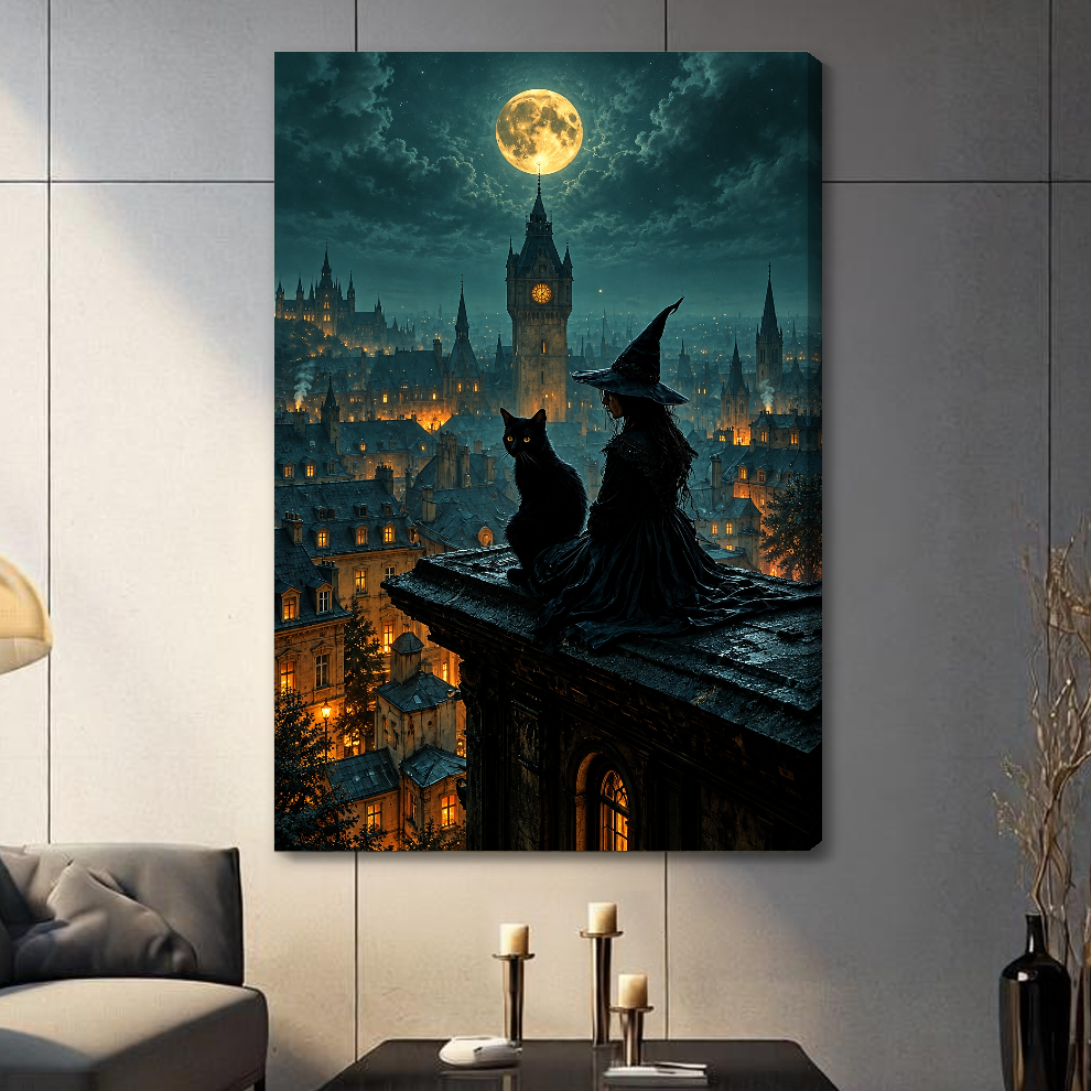Stretched canvas depicting a witch and black cat beneath moonlight displayed on a gray paneled wall with candles.