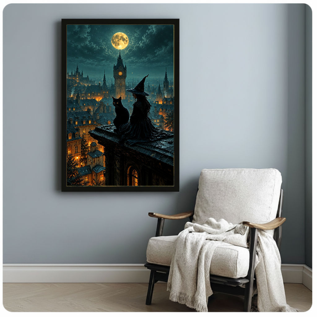Framed artwork of a witch and black cat beneath moonlight beside a pale reading chair against a gray wall.