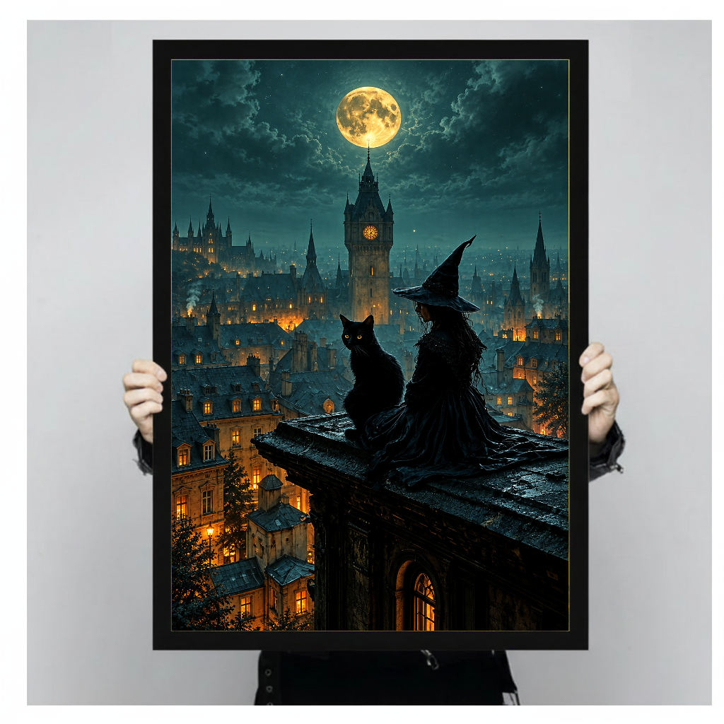 Framed artwork of a witch and black cat beneath moonlight held by a person against a pale backdrop.