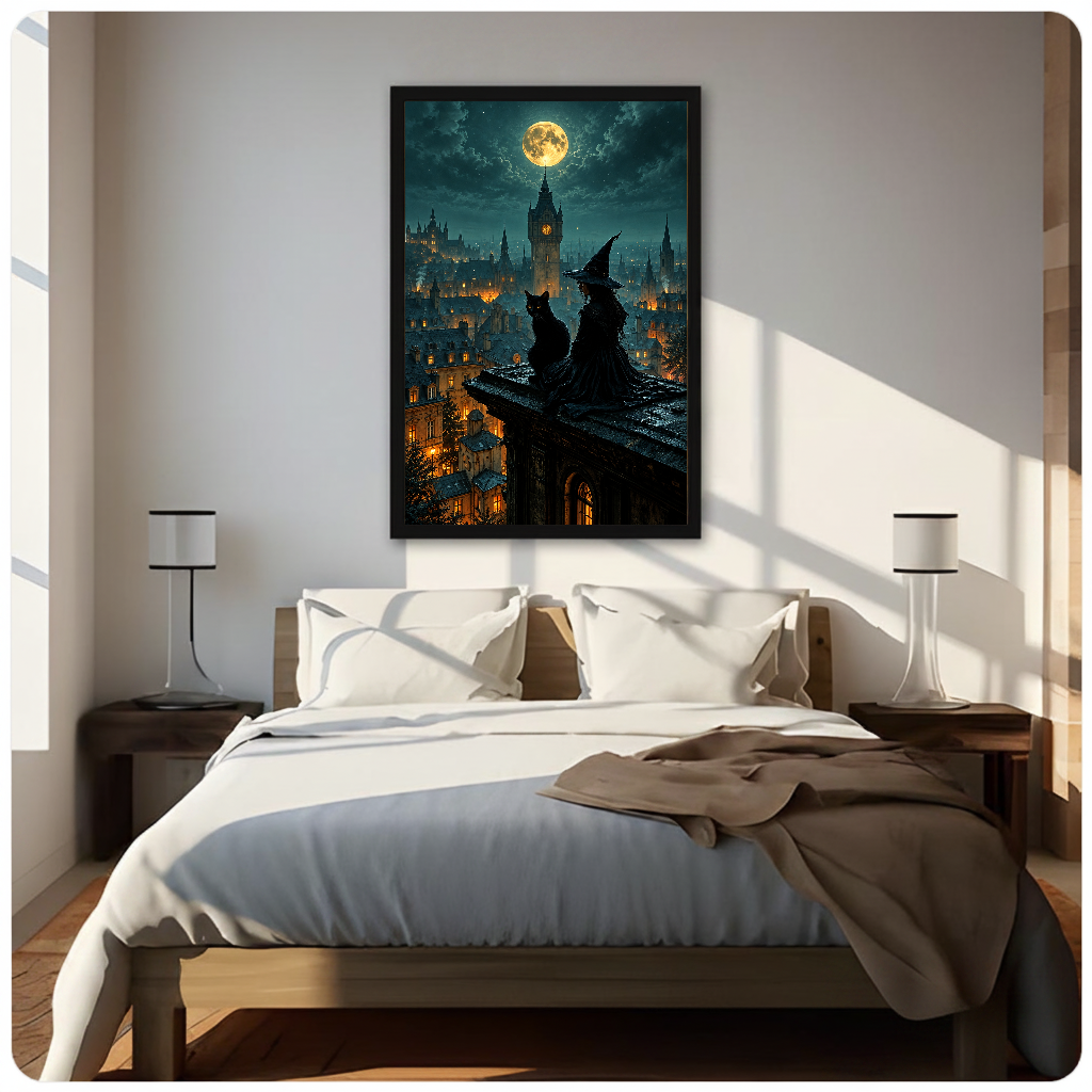 Framed artwork of a witch and black cat beneath moonlight above a neutral bed between two bedside lamps.