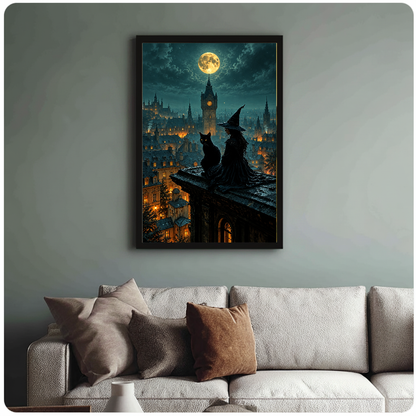 Framed artwork of a witch and black cat beneath moonlight above a sofa with muted cushions.