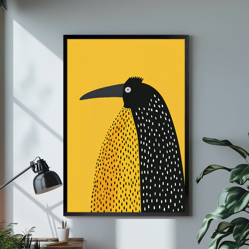 Black framed canvas depicting a spotted black bird on yellow on a bright desk with a lamp.