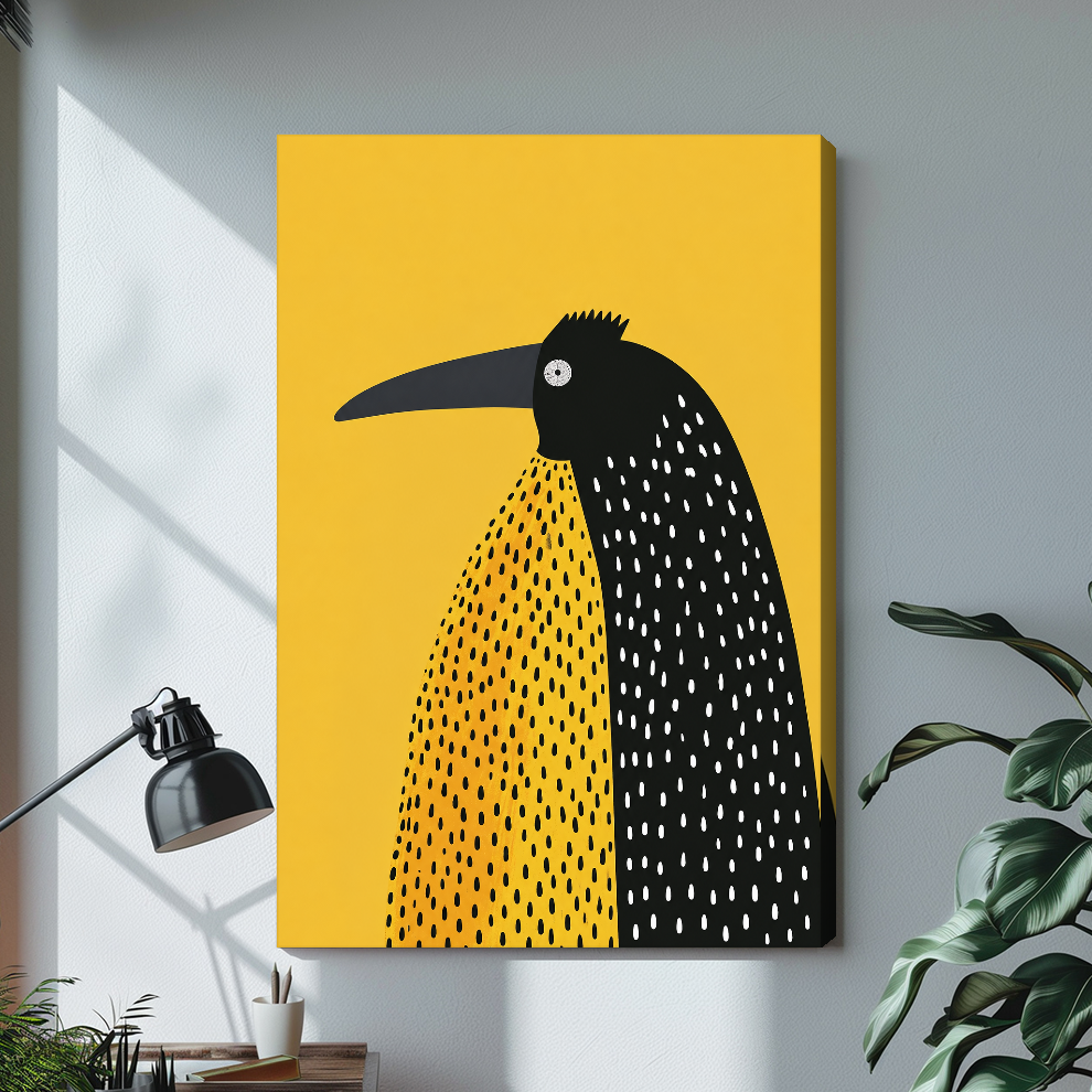 Stretched canvas depicting a spotted black bird on yellow displayed on a bright desk with a lamp.