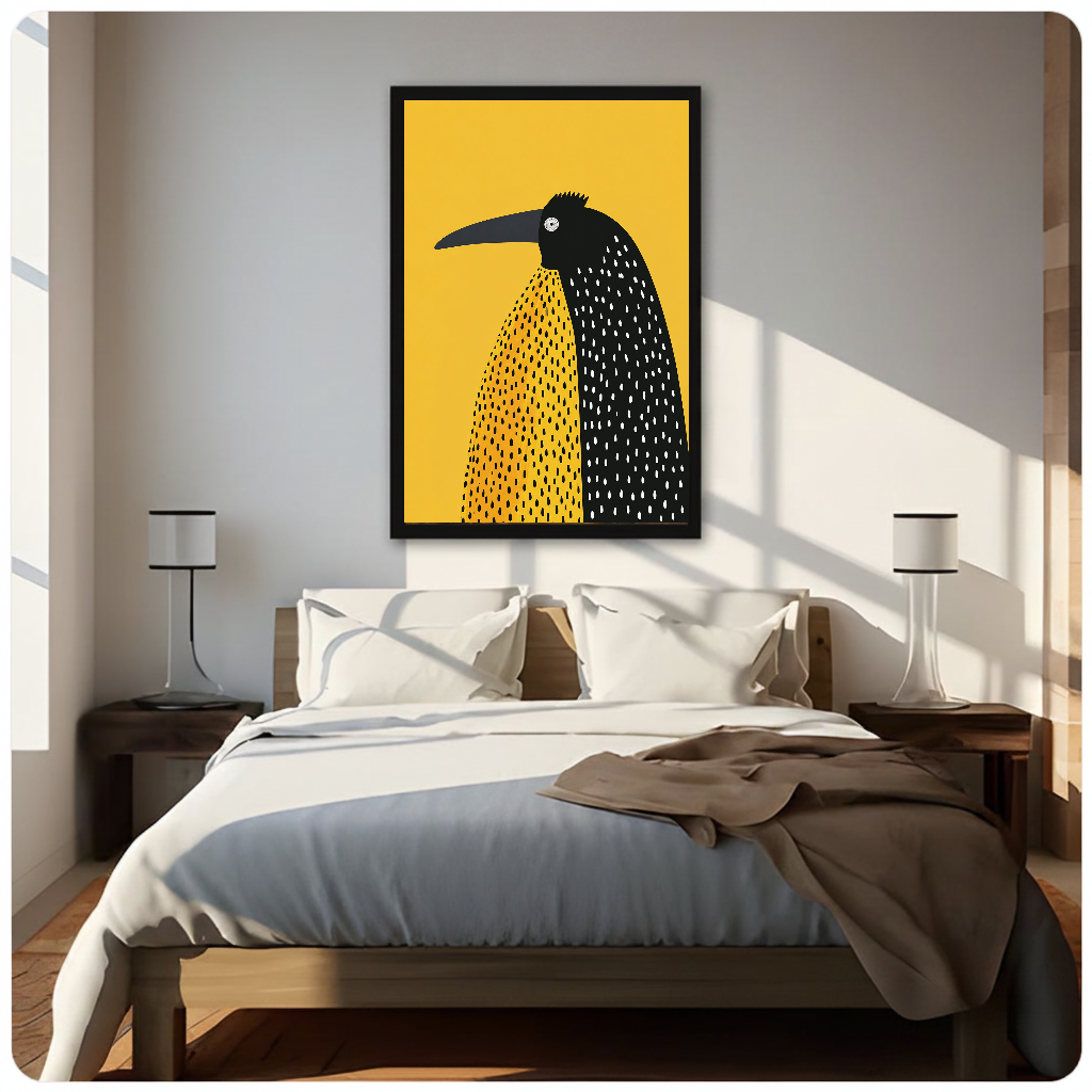 Framed artwork of a spotted black bird on yellow above a neutral bed between two bedside lamps.