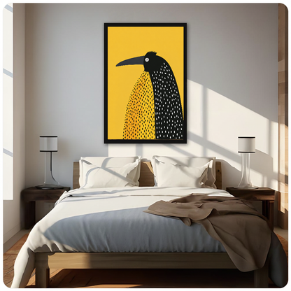 Framed artwork of a spotted black bird on yellow above a neutral bed between two bedside lamps.