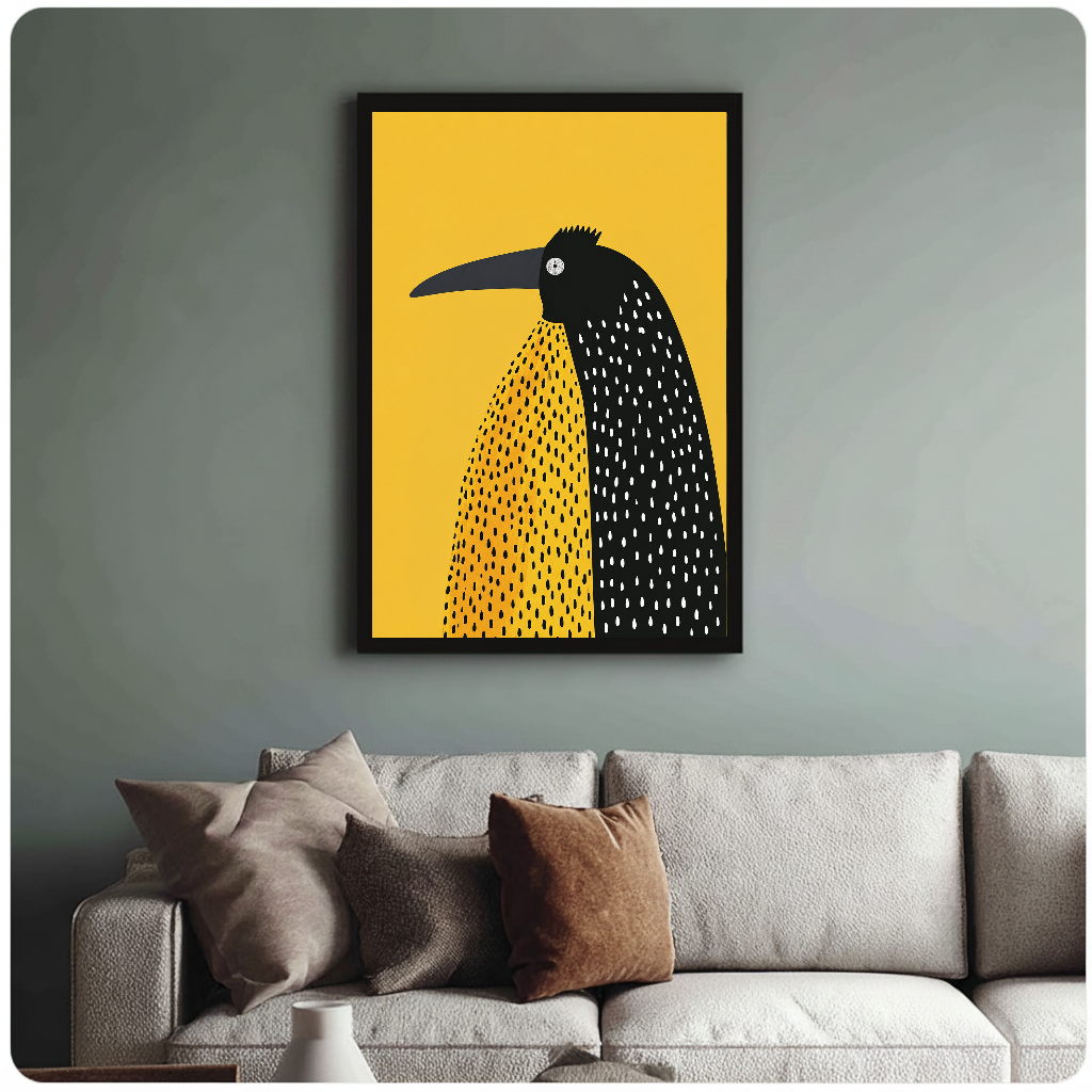 Framed artwork of a spotted black bird on yellow above a sofa with muted cushions.