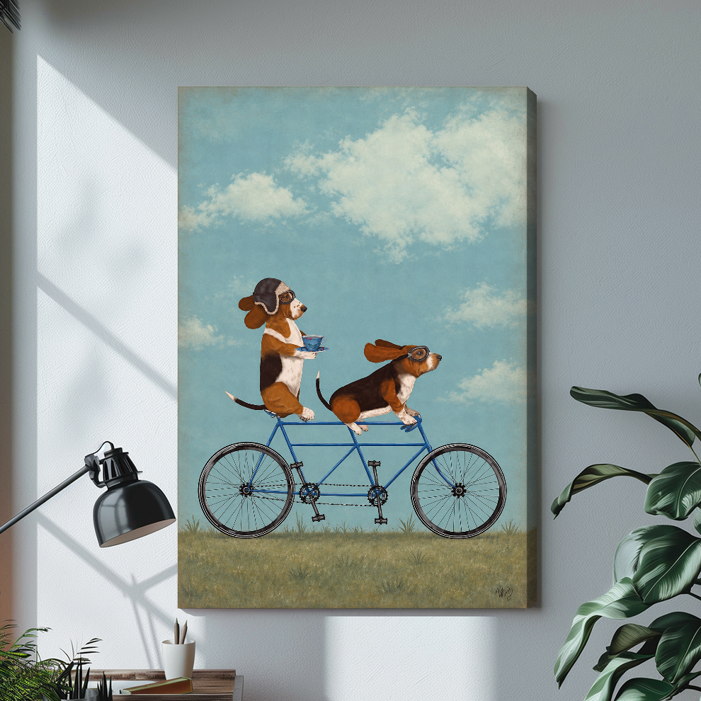 Stretched tandem bicycle beagles canvas above a light desk, showing a shaded wrapped side edge.