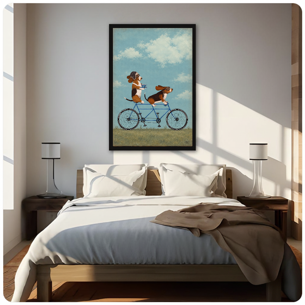 Tandem bicycle beagles canvas above a neutral bed with lamps and soft window light.