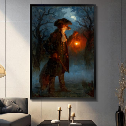 Black framed canvas depicting a fox holding a glowing lantern on a gray paneled wall with candles.