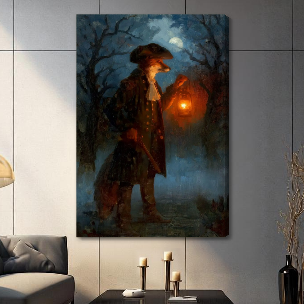 Stretched canvas depicting a fox holding a glowing lantern displayed on a gray paneled wall with candles.