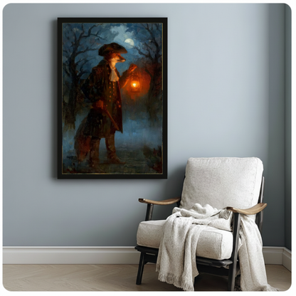 Framed artwork of a fox holding a glowing lantern beside a pale reading chair against a gray wall.