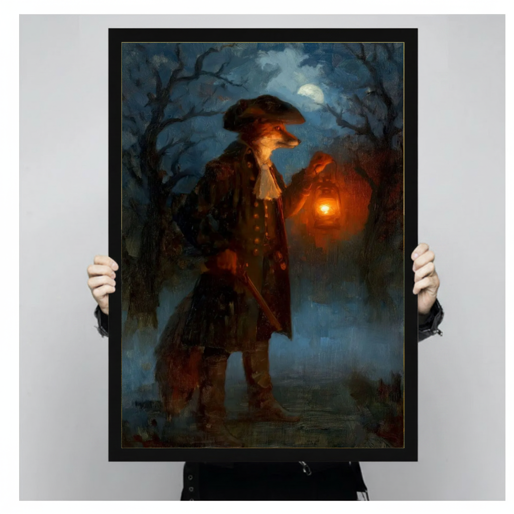 Framed artwork of a fox holding a glowing lantern held by a person against a pale backdrop.