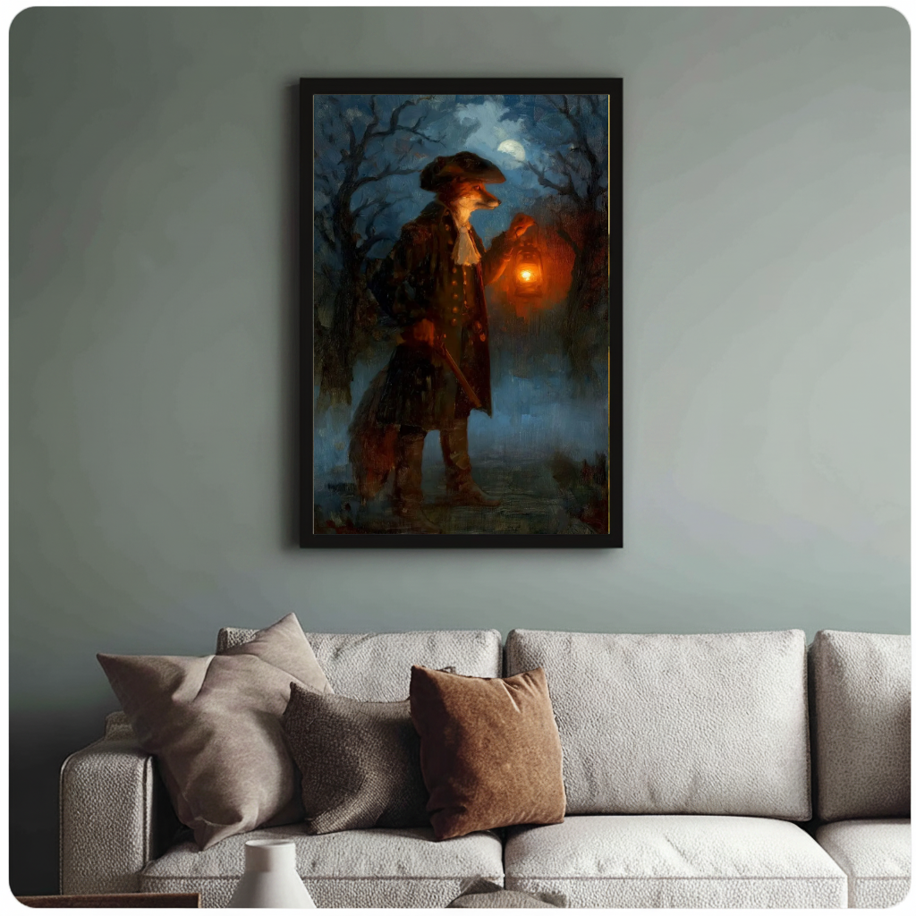 Framed artwork of a fox holding a glowing lantern above a sofa with muted cushions.