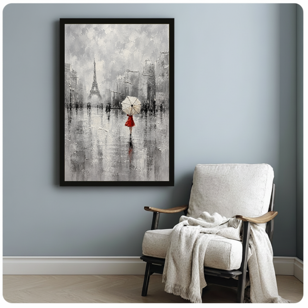 Framed artwork of a red dressed woman beneath an umbrella beside a pale reading chair against a gray wall.