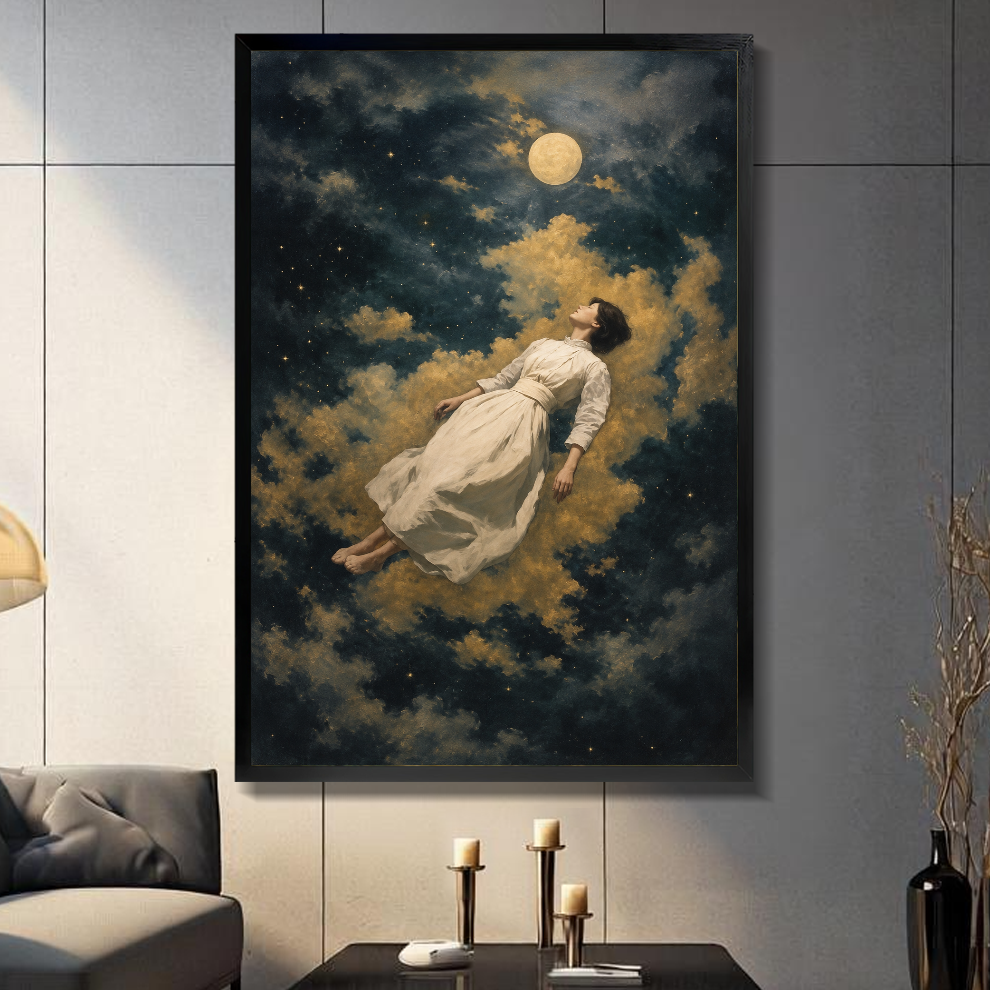 Black framed canvas depicting a floating woman among golden clouds on a gray paneled wall with candles.