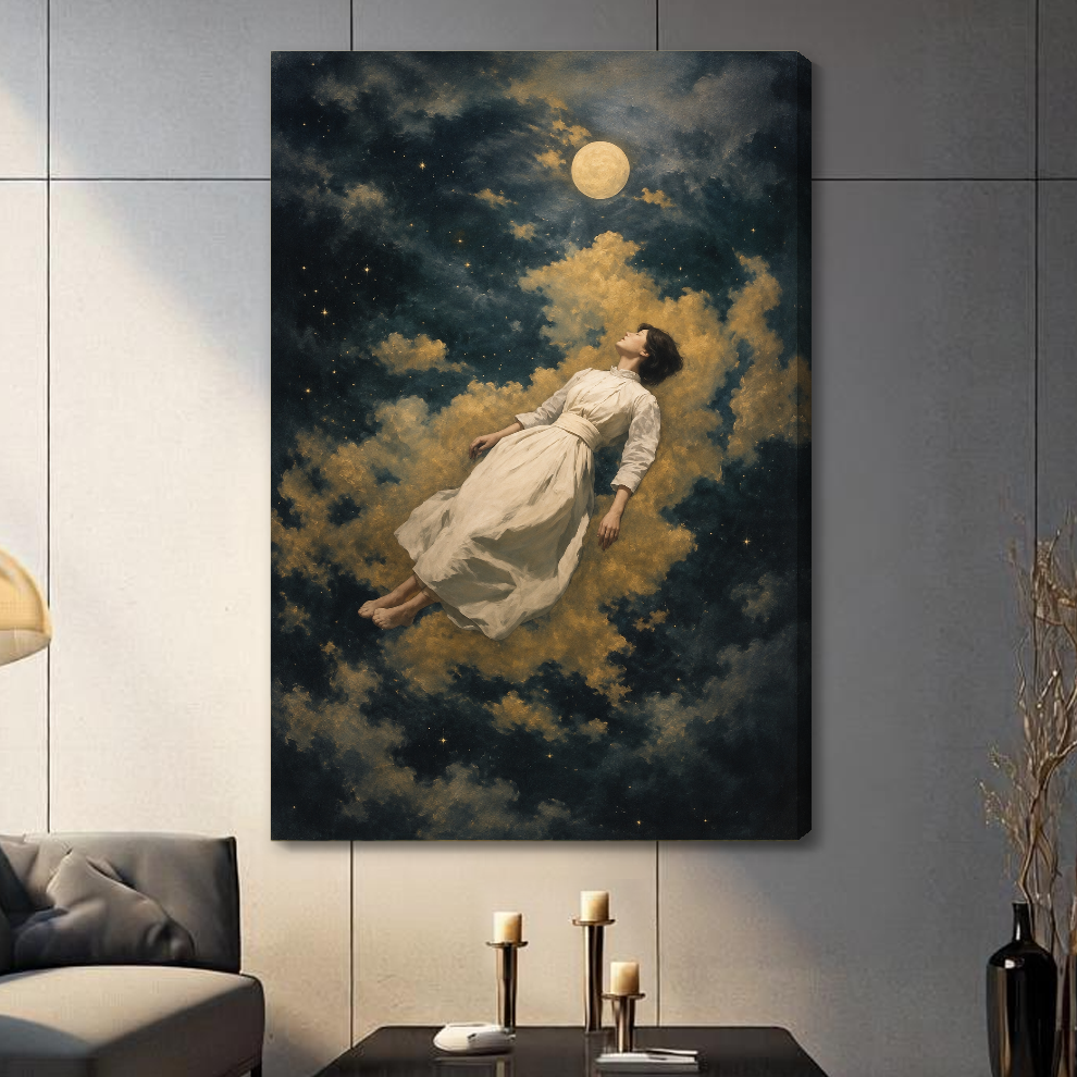 Stretched canvas depicting a floating woman among golden clouds displayed on a gray paneled wall with candles.