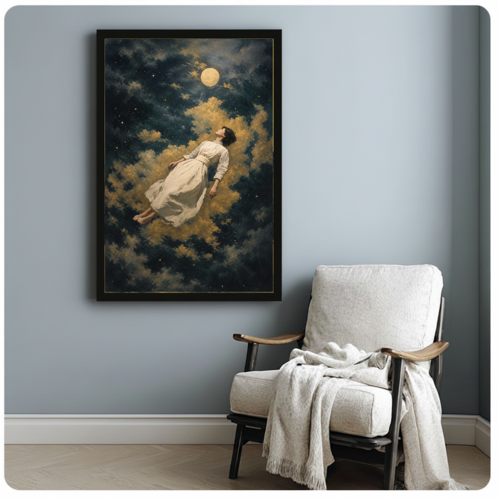 Framed artwork of a floating woman among golden clouds beside a pale reading chair against a gray wall.