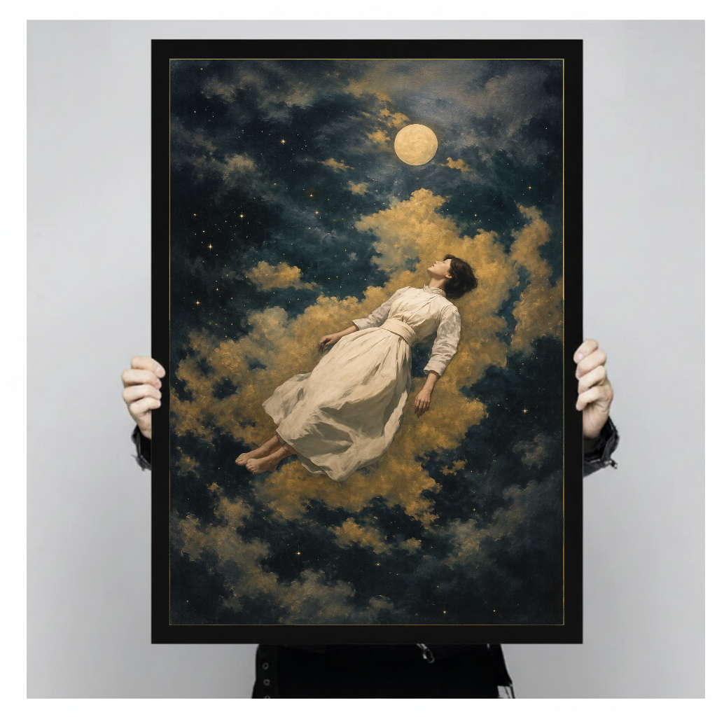 Framed artwork of a floating woman among golden clouds held by a person against a pale backdrop.