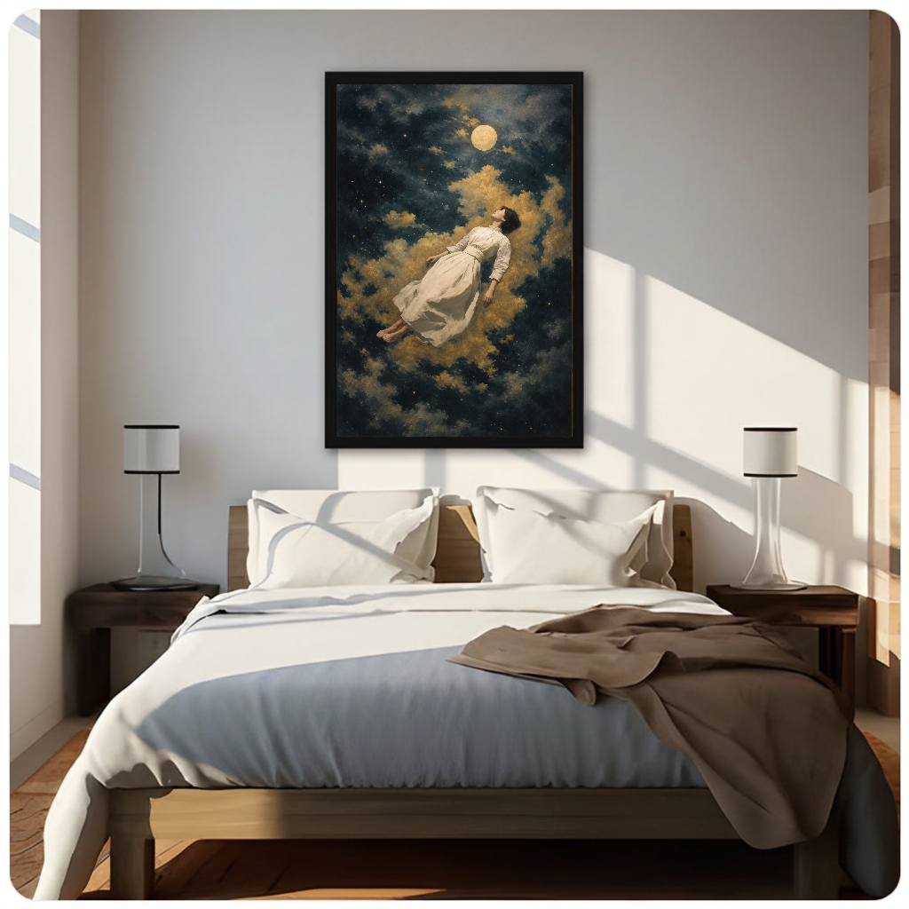 Framed artwork of a floating woman among golden clouds above a neutral bed between two bedside lamps.