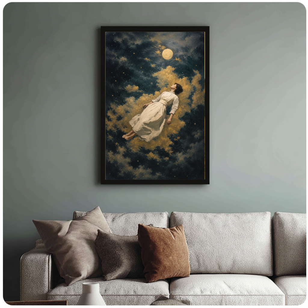 Framed artwork of a floating woman among golden clouds above a sofa with muted cushions.