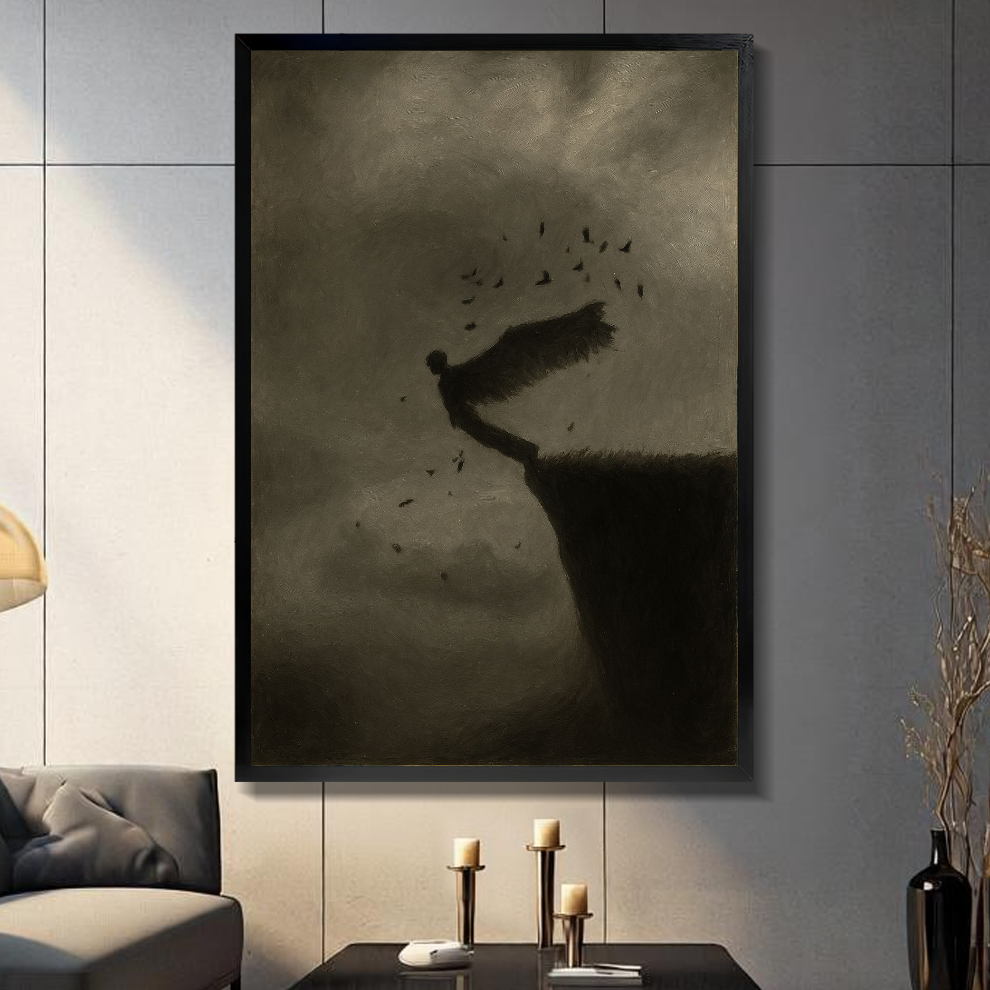 Black framed canvas showing winged figure above a cliff on a gray paneled wall with candles.