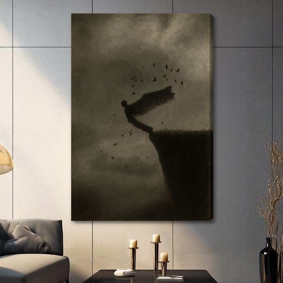 Stretched canvas featuring winged figure above a cliff displayed on a gray paneled wall with candles.