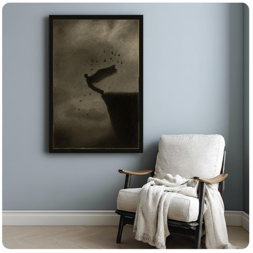 Framed canvas featuring winged figure above a cliff beside a pale reading chair.