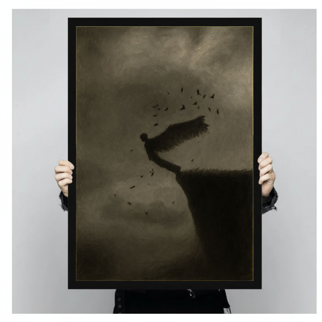 Person holding a black framed portrait canvas depicting winged figure above a cliff.